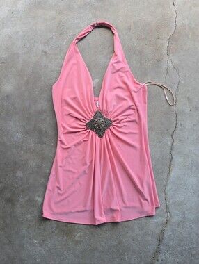 vtg y2k Linda segal coral Embellished club halter top